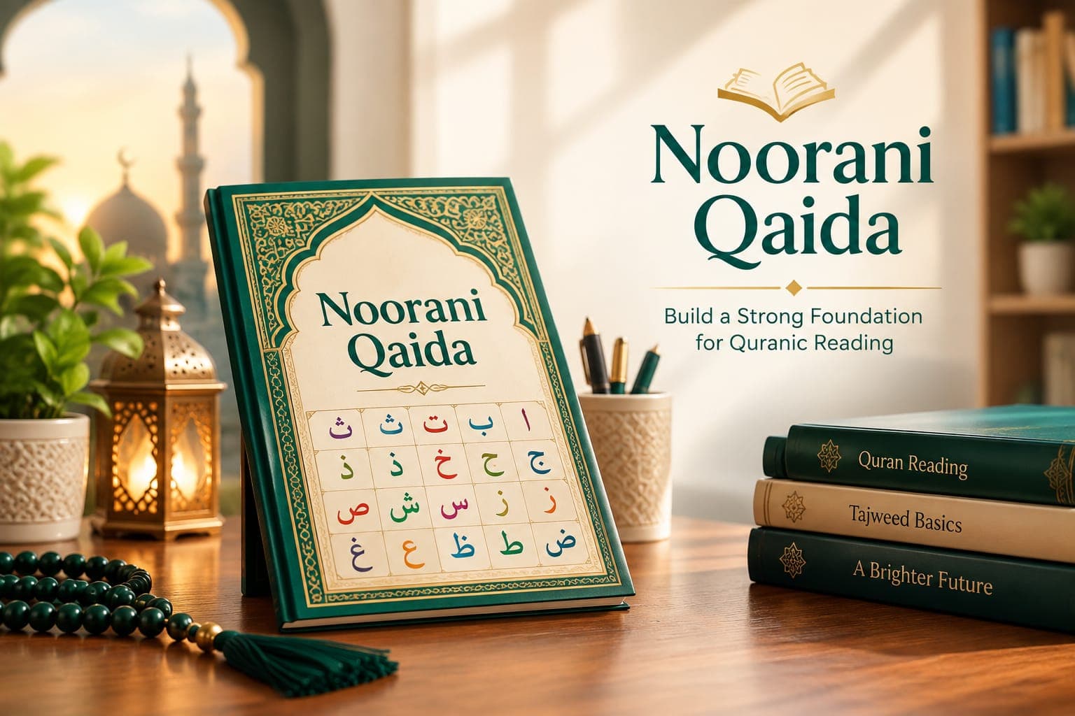 An open Quran with a wooden stand in soft natural light